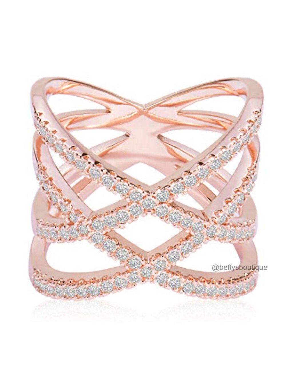 Rose Gold Plated Copper Double Criss Cross CZ Pave Ring Band